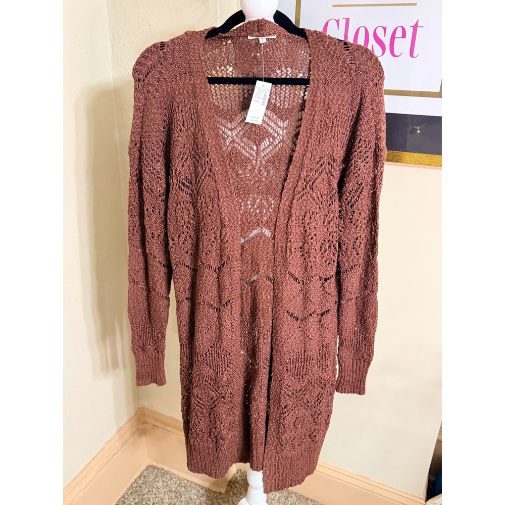 Maurices Womens L Brown Pointelle Knit Crochet Open Front Duster Cardigan NWT